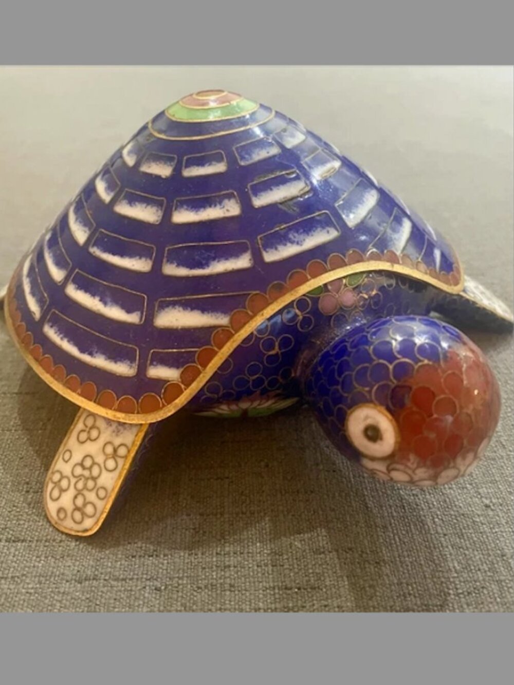 Vintage Chinese Cloisonné Enamel Turtle Trinket Box Lidded Cobalt Blue